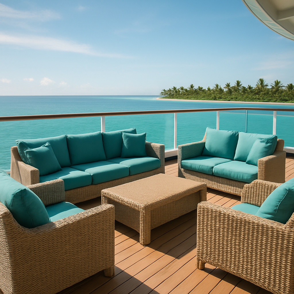Sunlit cruise ship deck lounge with teal cushions, palm-lined horizon, and calm turquoise ocean